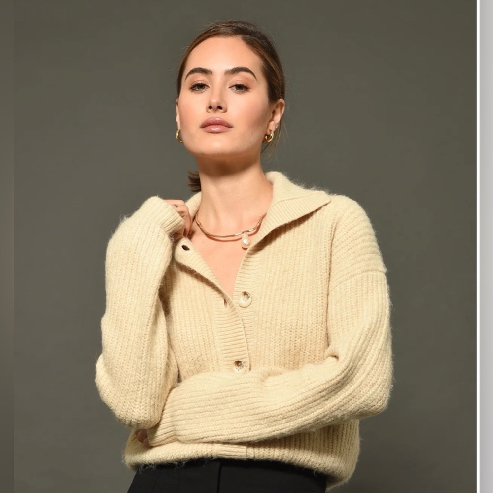GREYLIN Pauline Button-Front Cropped Knit Sweater | Beige | Size L 🌟 - Picture 2 of 6